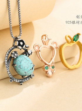 925纯银吊坠空托女笑脸佛天鹅形项坠空托配饰古法金diy蜜蜡吊坠托