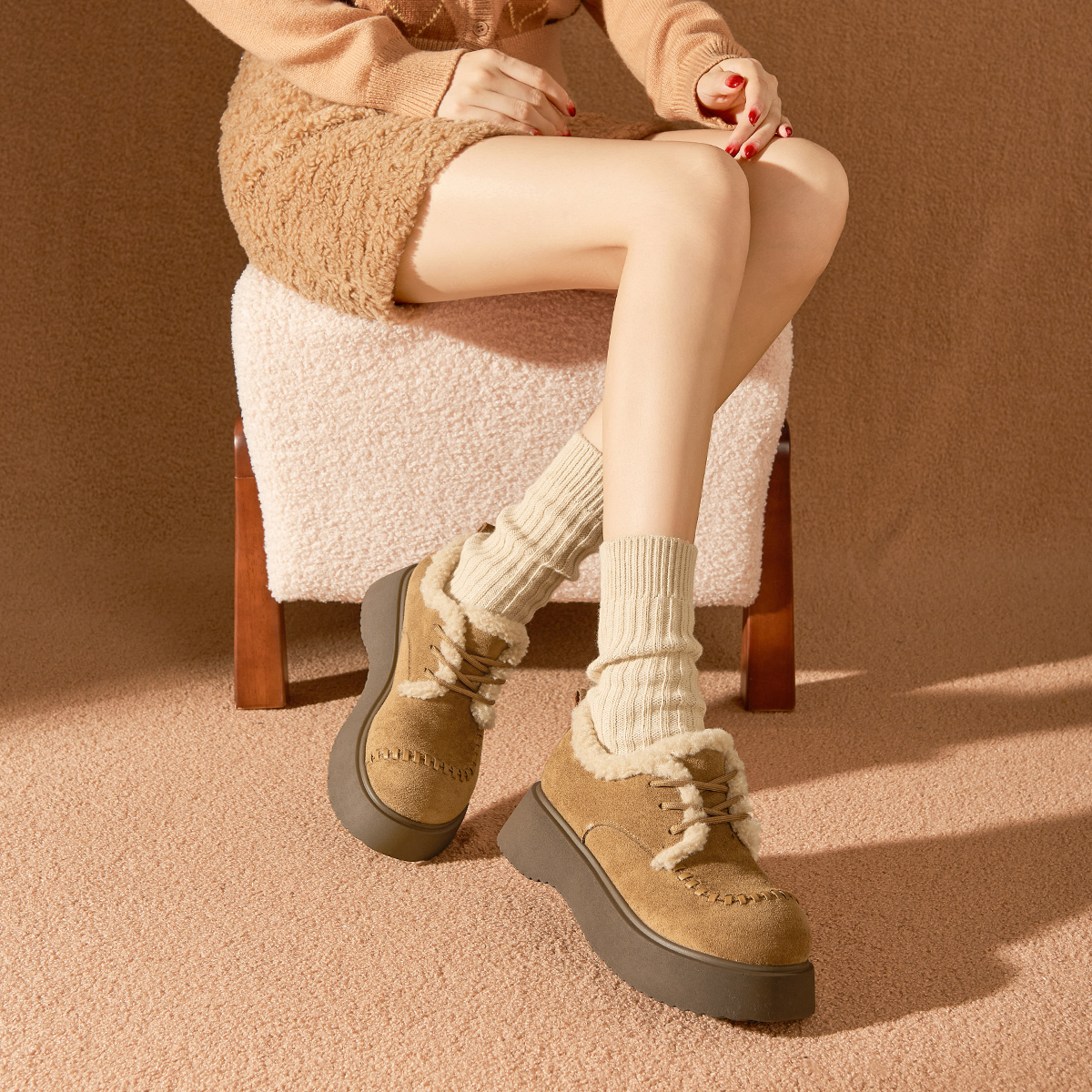 戈美其加绒大头德比鞋女款2025冬厚底保暖棉鞋百搭休闲气质勃肯鞋 - 图2