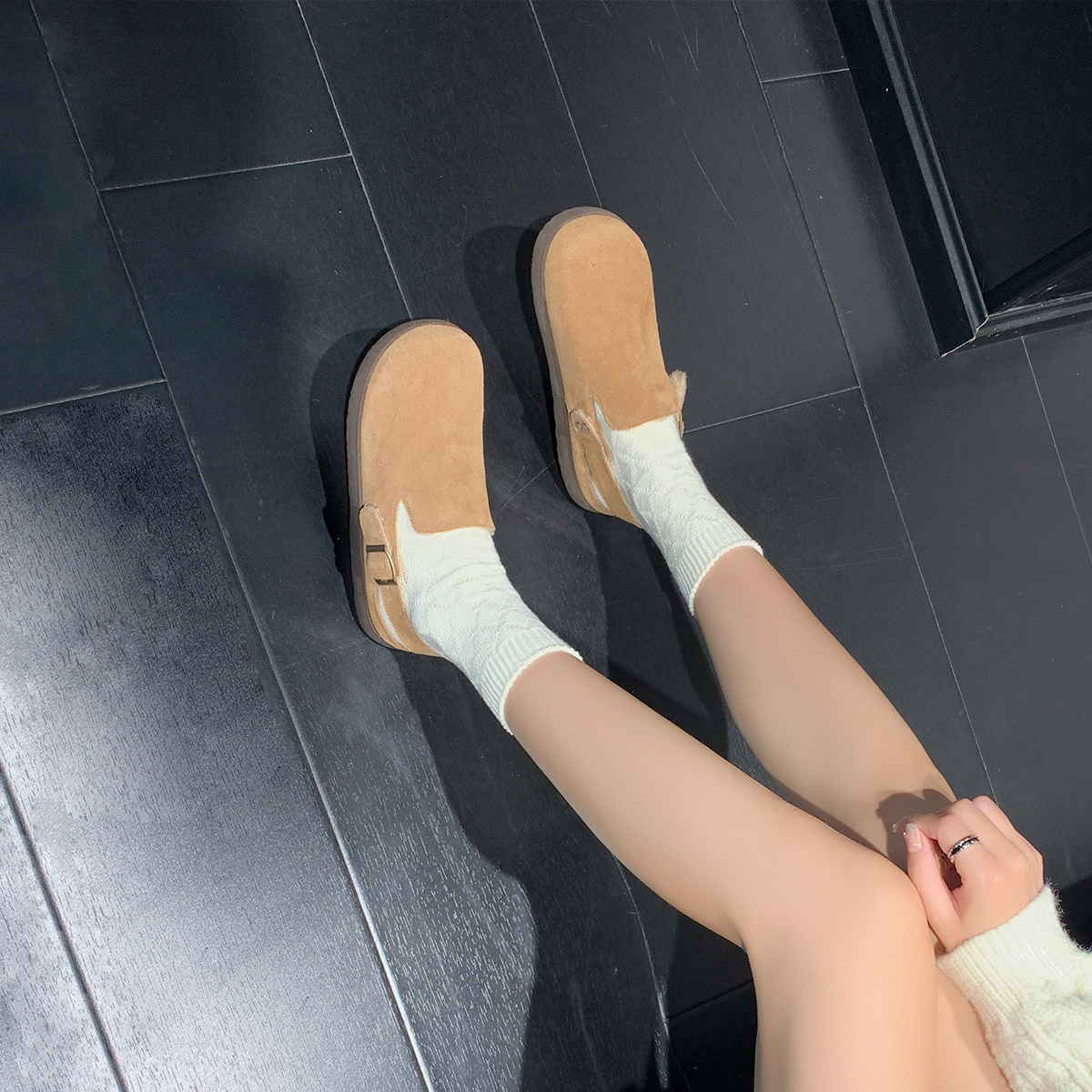 戈美其包头半拖鞋女外穿2024春季新款真皮一脚蹬磨砂加绒毛毛鞋子,淘宝优惠券,粉丝福利购,淘宝优惠卷