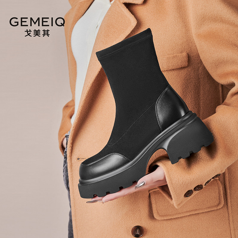 戈美其厚底增高小个子舒适春季新款绒面弹力瘦瘦靴高跟袜靴短靴女,淘宝优惠券,粉丝福利购,淘宝优惠卷