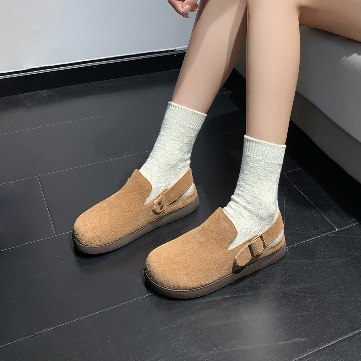 戈美其包头半拖鞋女外穿2024春季新款真皮一脚蹬磨砂加绒毛毛鞋子,淘宝优惠券,粉丝福利购,淘宝优惠卷