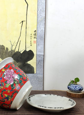 正品景德镇手绘高档粉彩红色花盆 多肉植物树户外盆庭院家用装饰