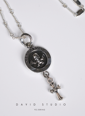 david纯银925纯银十字架骷髅元素竹节项链 情侣男女款做旧个性