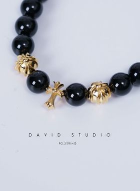 黄金22K定制十字架黑曜石8mm手串