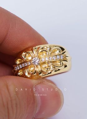 真钻22k十字架情侣男款黄金戒指