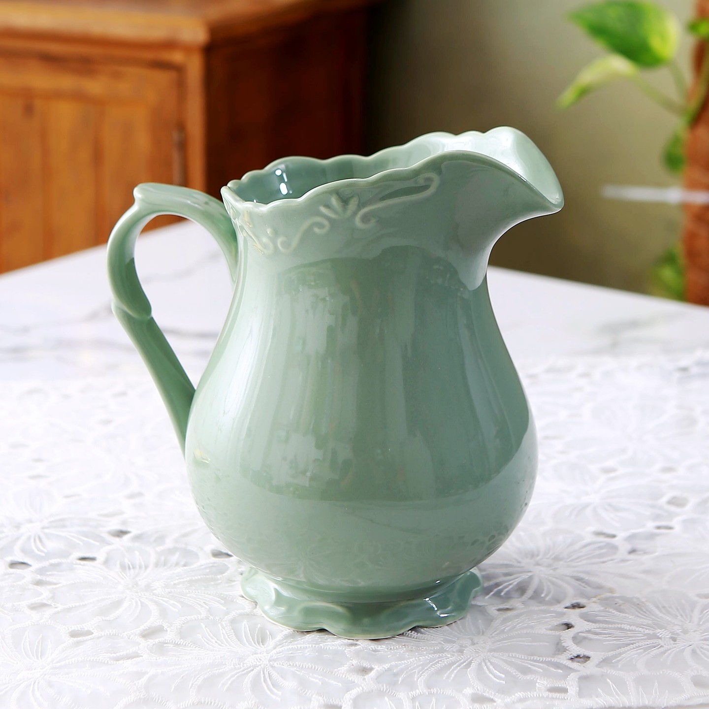 复古陶瓷奶罐绿色雕花大容量家居装饰水壶欧式风格水培花瓶 瑕疵,淘宝优惠券,粉丝福利购,淘宝优惠卷