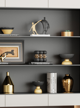 现代高级感创意金色系电视柜摆件客厅样板房玻璃柜书柜开放格软装