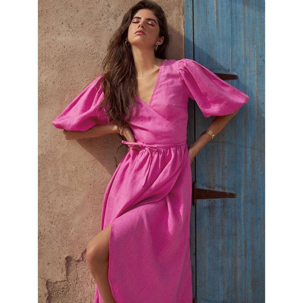 Summer V Neck Long Wrap Dresses Women Elegant Short Puff Sle - 图2