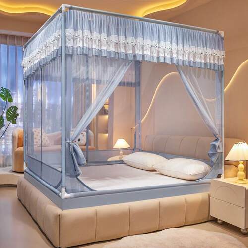 A类加密TU型床笠式回底防摔蚊帐家用3开门全封闭拉链方帐加厚支架 - 图2