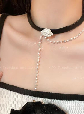 玫瑰珍珠choker黑色项圈锁骨链小众高级颈链颈带小香风项链配饰女