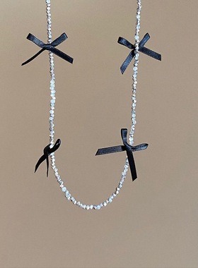 黑色项链女锁骨链纯欲辣妹蕾丝蝴蝶结双层吊坠轻奢颈带项圈配饰