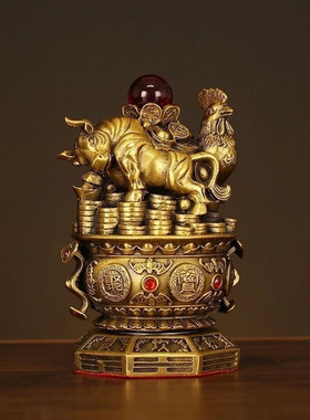 黄铜三合生肖摆件牛蛇鸡黄铜十二生肖旋转聚宝盆家居装饰工艺品o