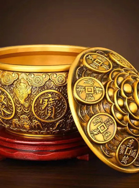 全黄铜聚宝盆摆件带盖金蟾五福装饰客厅办公室店铺开业送礼招米缸