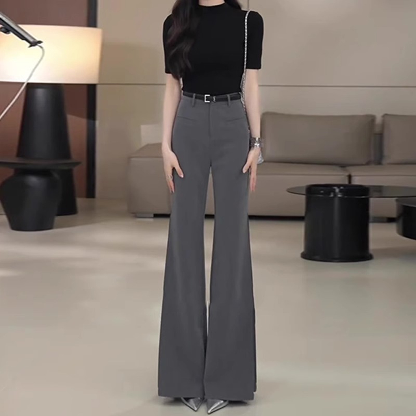 高级感灰色微喇西装裤女夏季薄款2025新款高腰垂感显瘦拖地喇叭裤 - 图0