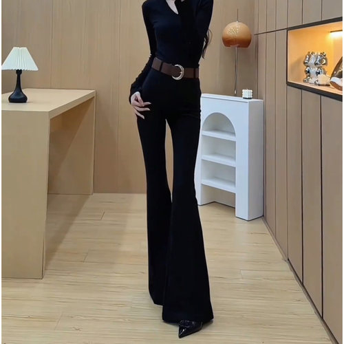 黑色辣妹高腰微喇叭裤子女秋季新款时尚休闲修身垂感拖地马蹄长裤 - 图0