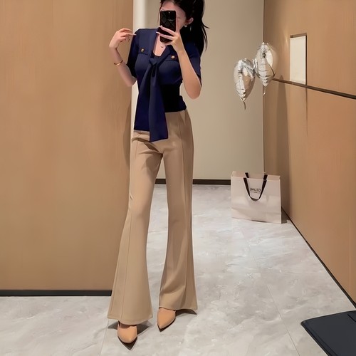 卡其色微喇休闲裤2025夏季新款高级感气质简约百搭垂感显瘦西装裤 - 图2