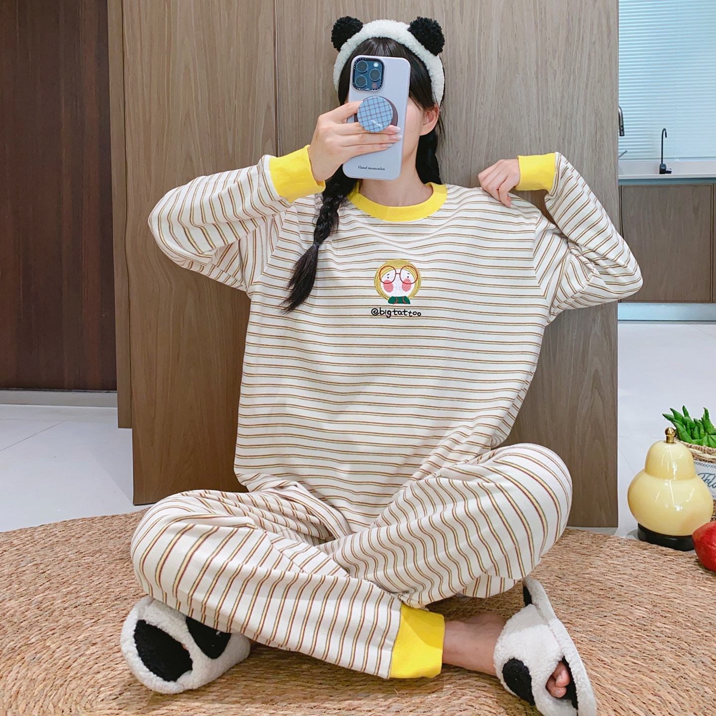 加薄绒~长袖睡衣女秋冬加厚磨毛纯棉宽松休闲卡通条纹保暖家居服,淘宝优惠券,粉丝福利购,淘宝优惠卷