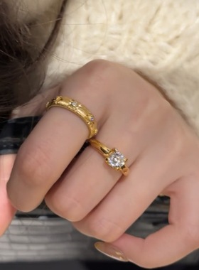 925纯银tager牛角戒指女镶锆石法式复古轻奢小众设计气质方块指环