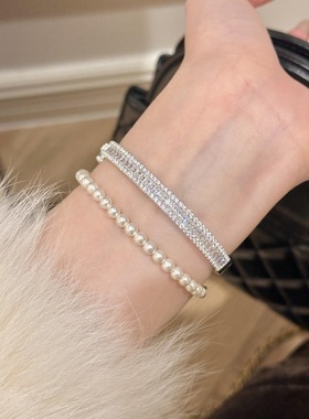 925纯银感银色满钻方钻手环豪镶排钻精致重工奢华气质时尚款手镯