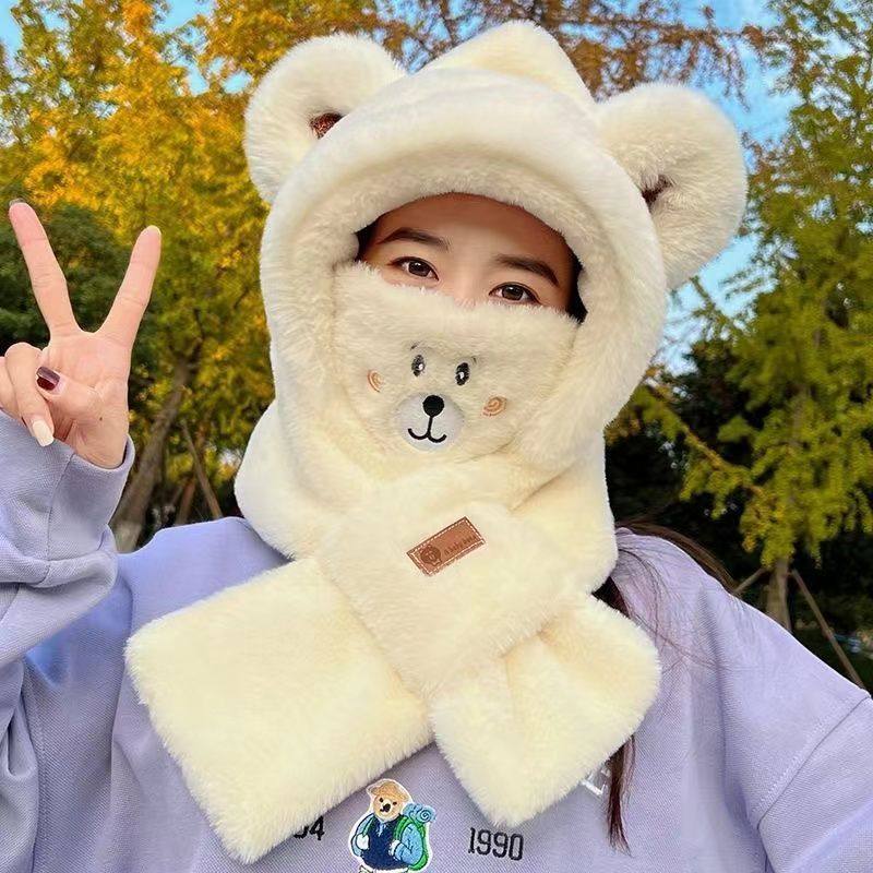 小熊帽子女冬天保暖围巾一体连体套头帽骑车防寒护耳可爱毛绒围脖,淘宝优惠券,粉丝福利购,淘宝优惠卷
