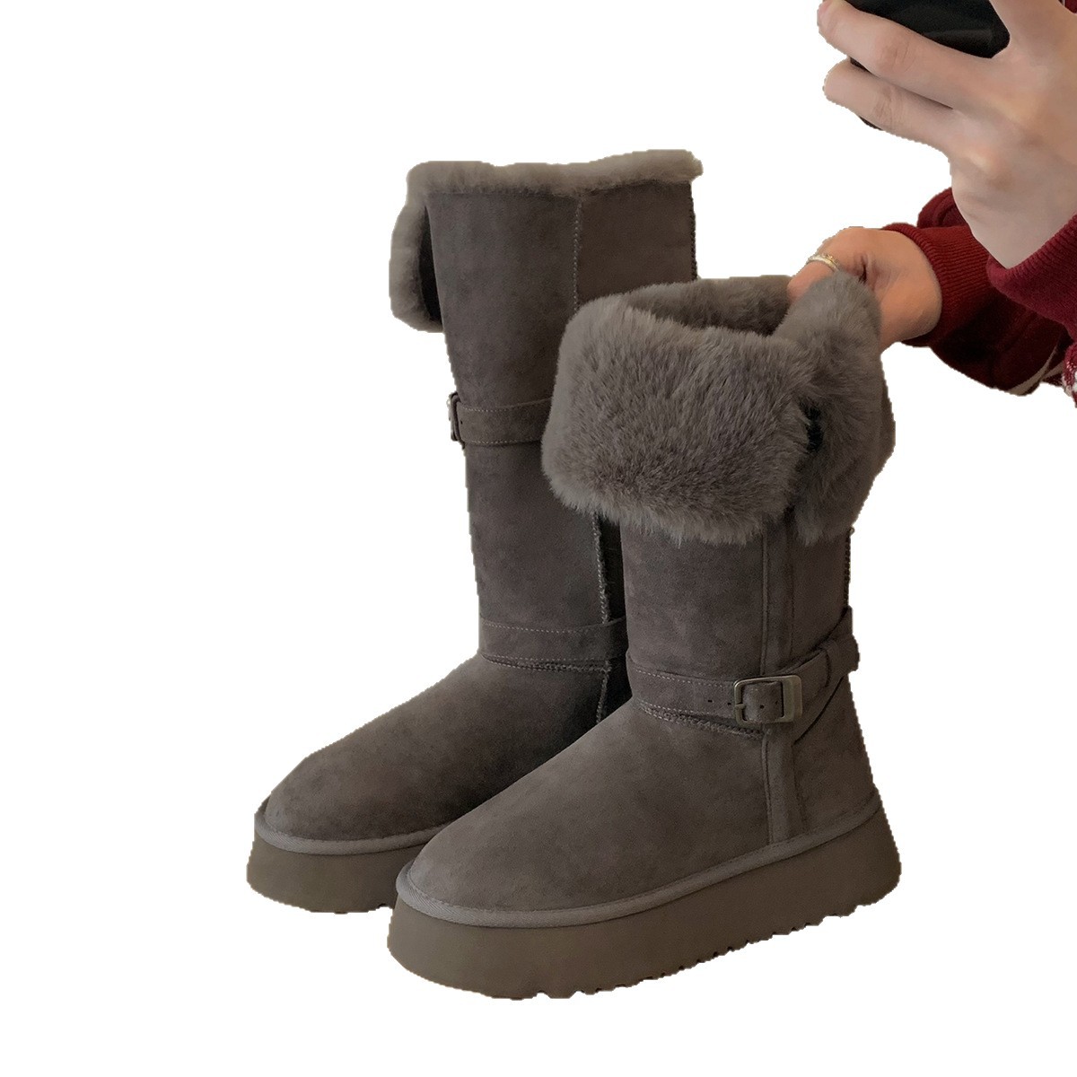 葡萄妈studiolee扣带厚底毛毛翻边保暖棉鞋中长筒雪地靴女冬季款 - 图3