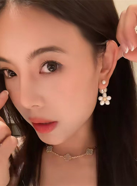 小众气质设计甜美甜妹耳环天然珍珠小花耳饰珐琅方牌耳坠大小圆珠