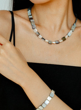 ICEEVA设计灰蝶贝鲍鱼天然异形珍珠项链手链小众ins叠戴颈链手环