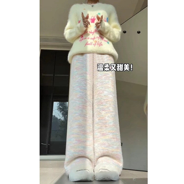 彩虹糯米裤女秋冬加绒加厚小个子休闲直筒水貂毛慵懒风针织阔腿裤,淘宝优惠券,粉丝福利购,淘宝优惠卷