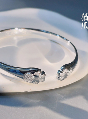胜银·猫爪镯亮面足银999.9手镯实心内刻平安喜乐小女生纯银手镯