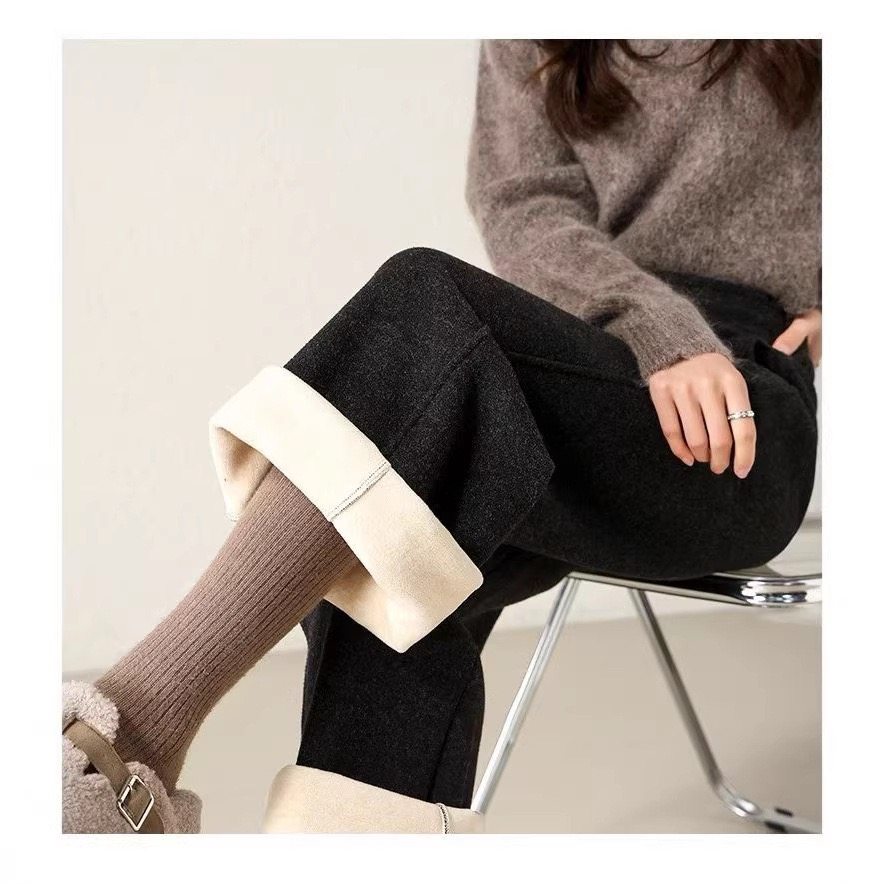 毛呢阔腿裤女 2025冬新款松紧腰抽绳韩版宽松加绒保暖直筒裤