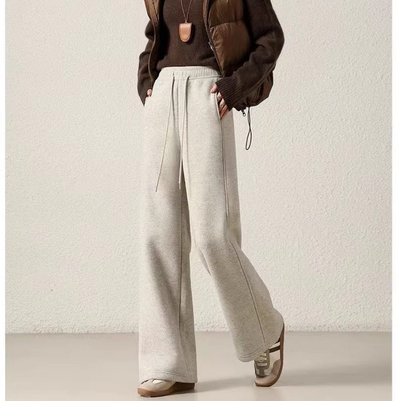 毛呢阔腿裤女 2025冬新款松紧腰抽绳韩版宽松加绒保暖直筒裤