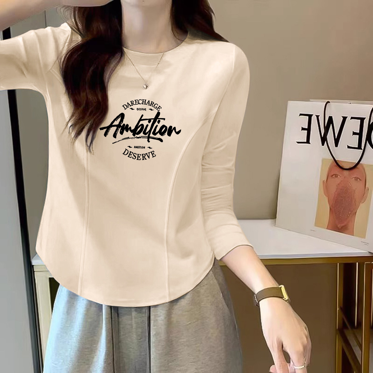 2025秋季新款正肩长袖女装白色纯棉T恤女不规则经典百搭鱼骨上衣,淘宝优惠券,粉丝福利购,淘宝优惠卷