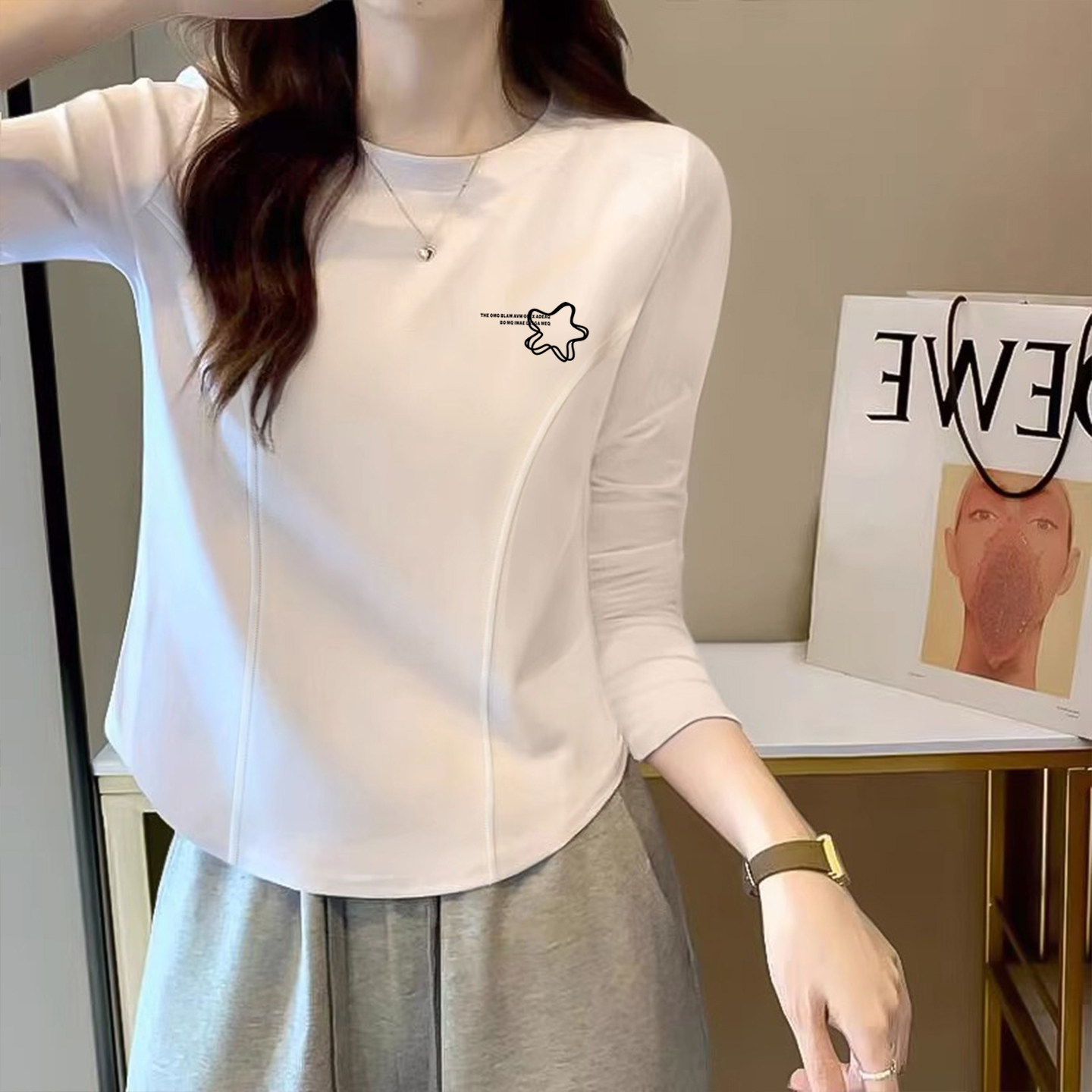 2025秋季新款正肩长袖女装白色纯棉T恤女不规则经典百搭鱼骨上衣,淘宝优惠券,粉丝福利购,淘宝优惠卷