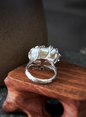 ZMN/青藤/小众设计个性花叶不规则天然异型巴洛克珍珠925纯银戒指
