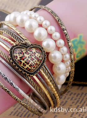 欧美风复古豹纹珍珠饰品手环