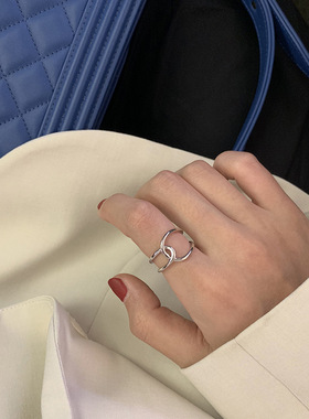 韩国S925镀银几何交叉开口戒指复古时尚学生指环可调节饰品食指戒