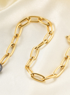 欧美跨境新品时尚18K金简约挂黑珍珠20CM别针手链百搭不锈钢批发