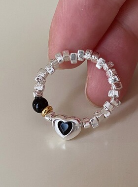 甜美碎银爱心戒指女弹力几何不规则褶皱S925银指环网红小众食指戒