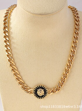 欧美流行夸张浮雕狮子头造型项链女时尚装饰潮流滴油古巴链条批发