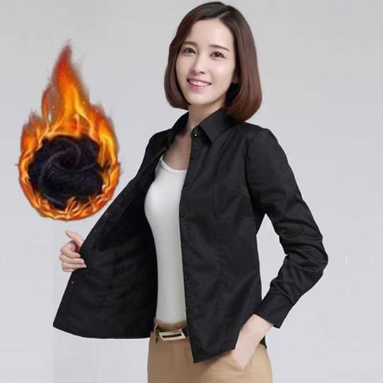 秋冬蓝色白色加绒加厚一体绒衬衫女长袖工装宽松大码黑色衬衣女