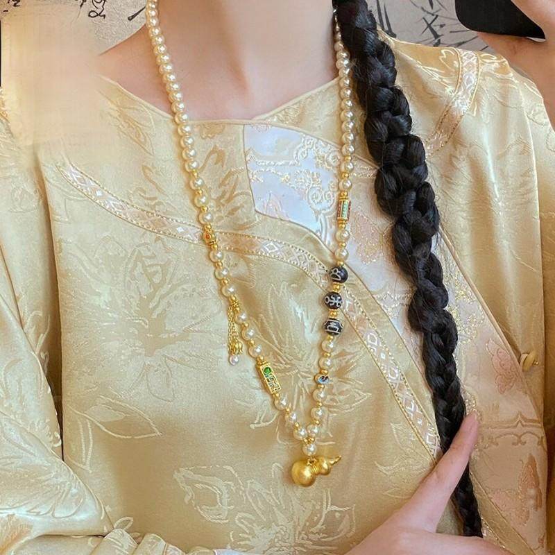 新中式仿珍珠葫芦长款项链女款小众设计感毛衣链汉服旗袍高级配饰,淘宝优惠券,粉丝福利购,淘宝优惠卷