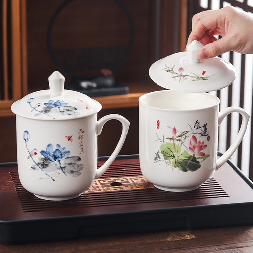 陶瓷茶杯大号带盖带手柄老板杯办公杯会议杯超大瓷器家用水杯酒店 - 图3