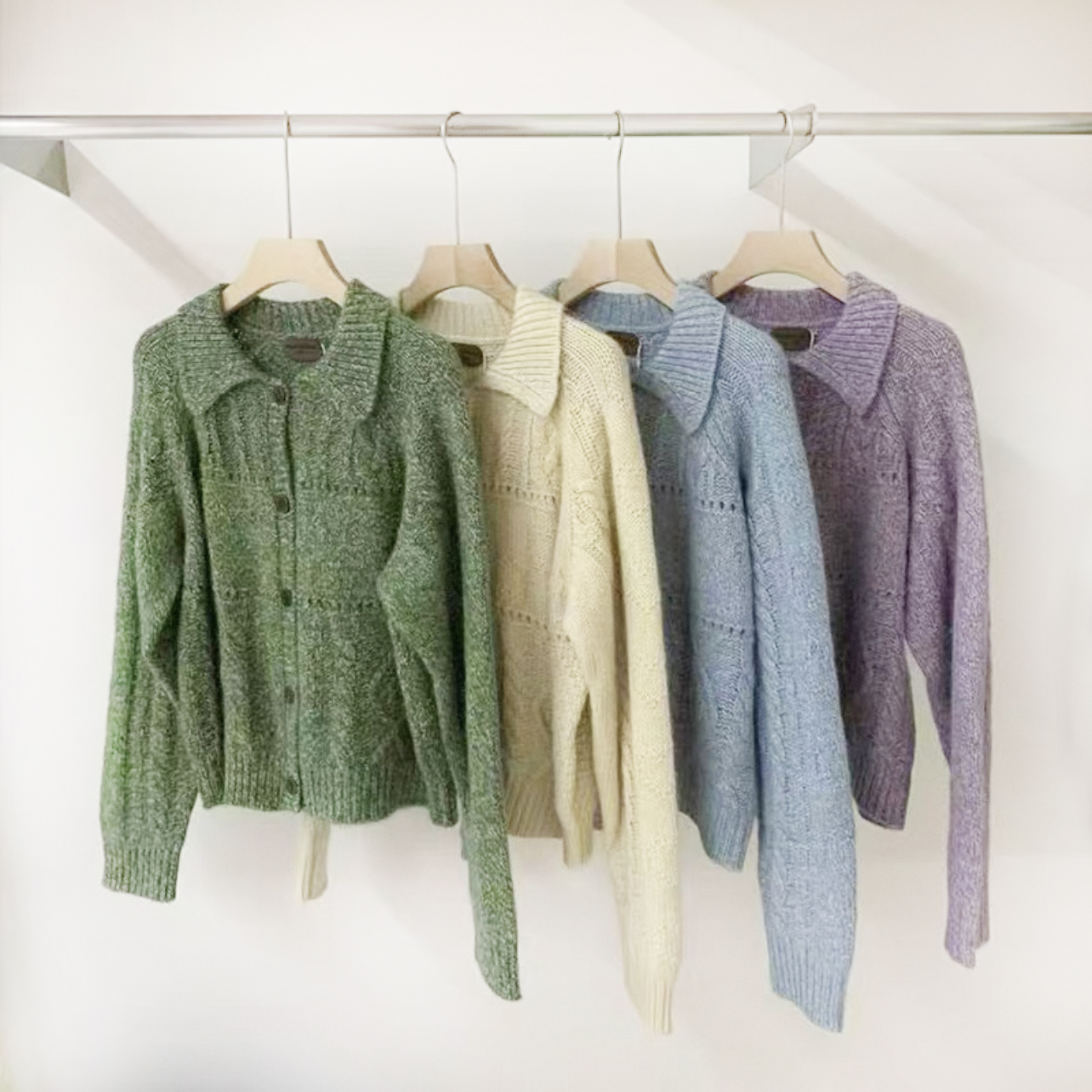 韩系简约百搭圆领翻领钩织长袖设计感小众休闲宽松毛衣复古开衫 - 图0