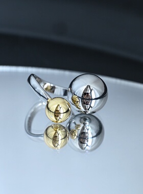 有球必应拼色双色大小圆珠戒指拼接金缠绕指环开口食指极简戒