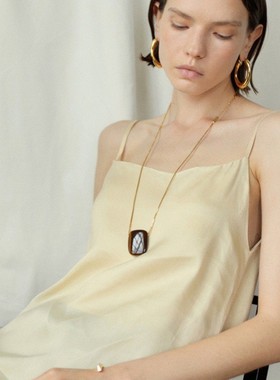 天然方形虎眼石黑曜石长款项链秋冬素链轻奢高级感毛衣链吊链