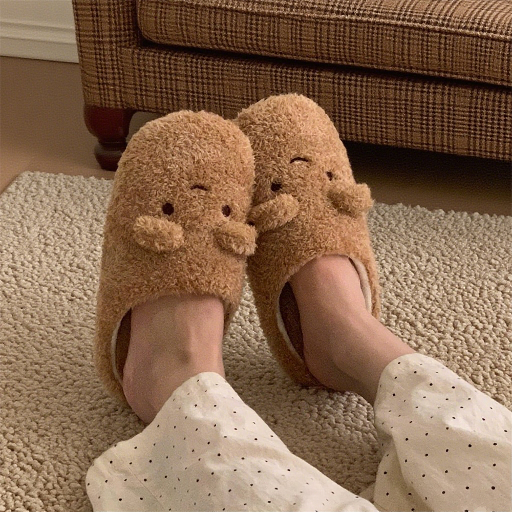 细细条 日式小熊静音毛毛地板拖鞋秋冬防滑卧室可爱棉拖鞋男女ins - 图3