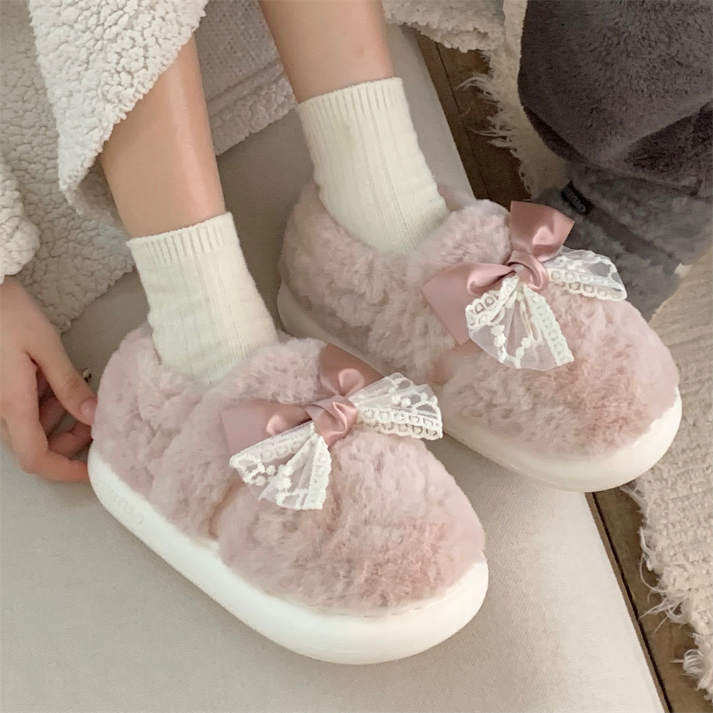 细细条 蕾丝蝴蝶结全包跟月子鞋女防滑居家冬季仙女风保暖棉拖鞋,淘宝优惠券,粉丝福利购,淘宝优惠卷