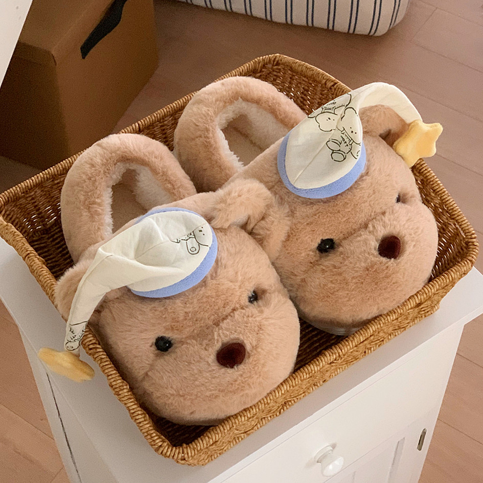 细细条 棉拖鞋女冬季可爱睡帽小熊居家防滑保暖包跟毛绒绒月子鞋,淘宝优惠券,粉丝福利购,淘宝优惠卷