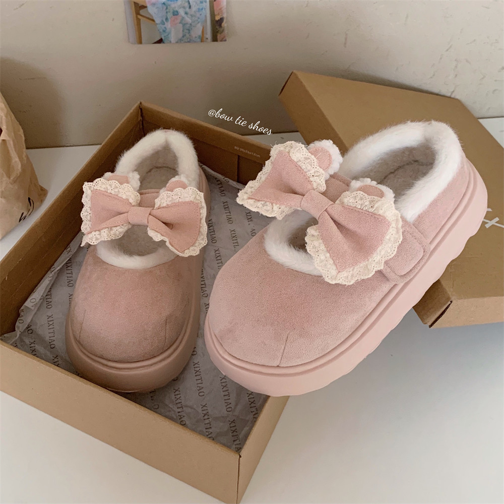 细细条 甜美花边蝴蝶结豆豆鞋网红玛丽珍鞋女冬季外穿魔术贴棉鞋,淘宝优惠券,粉丝福利购,淘宝优惠卷