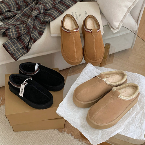 细细条 真牛皮羊毛民族风厚底雪地靴女冬时尚增高保暖毛毛半拖鞋 - 图2